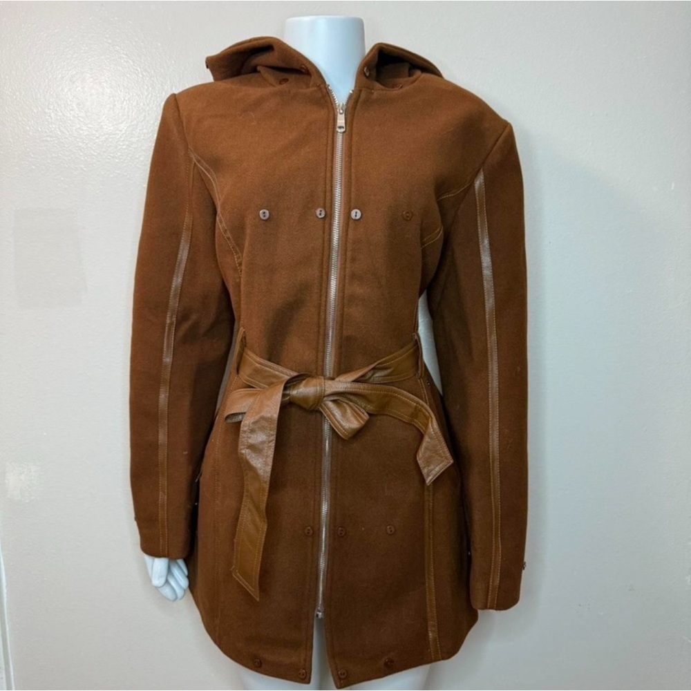 Brown faux fur belted hooded pea coat with faux leather trims - Picture 6 of 10